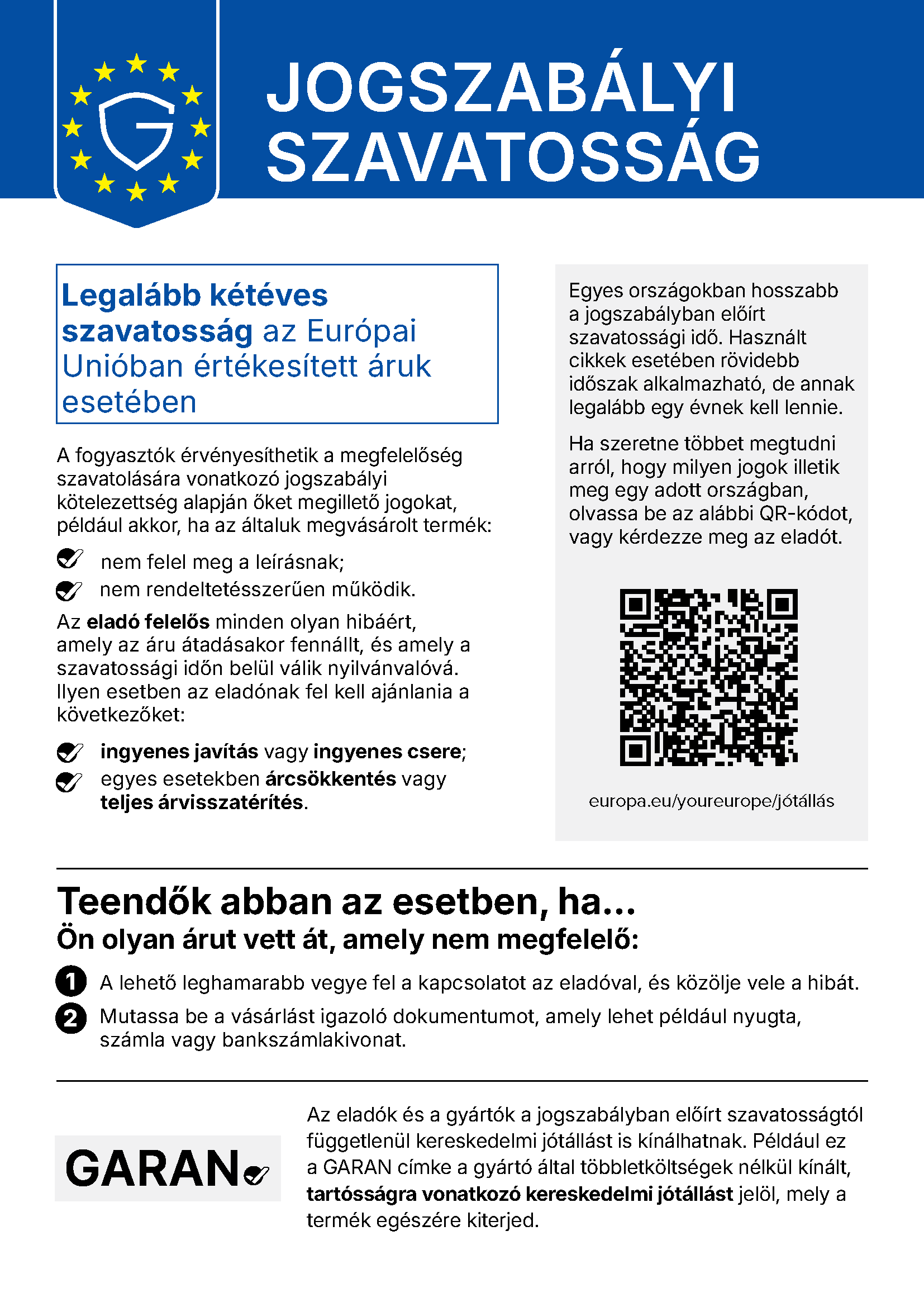 Jogszabályi jótállás - az Európai Unió egységes tájékoztatója